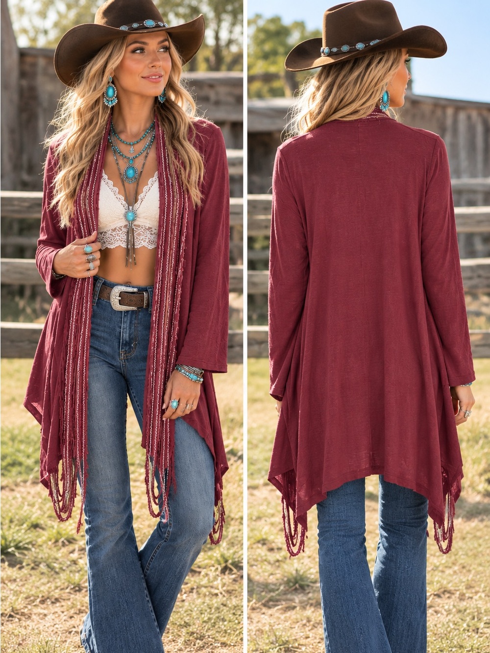 BKE Boutique Buckle Burgundy Fringe Duster Cardigan M